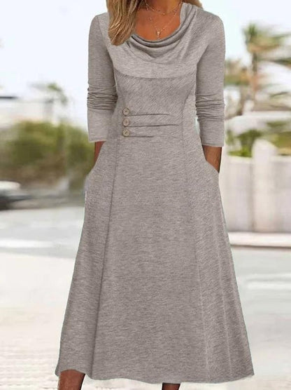 🍁【Νέα Φθινοπωρινή Άφιξη🔥】【S-3XL】👗 Κομψό μονόχρωμο φόρεμα με τσέπες και στρογγυλή λαιμόκοψη