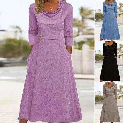 🍁【Noutăți de toamnă🔥】【S-3XL】👗 Rochie elegantă de culoare uni, cu buzunare și decolteu rotund