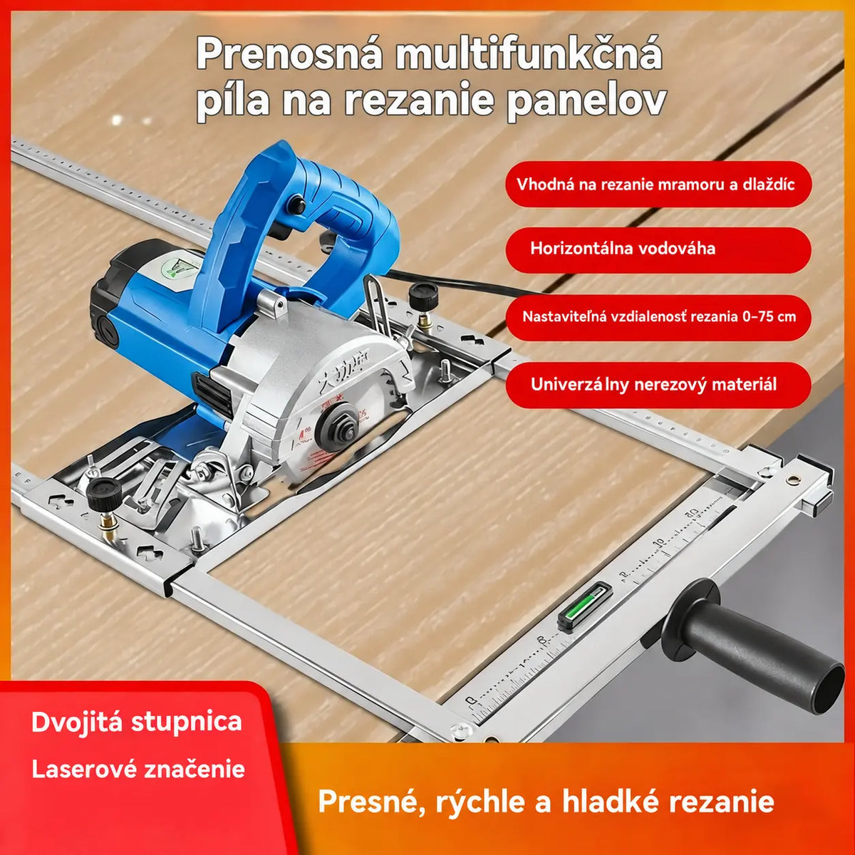 🛠️ Prenosná multifunkčná vodiaca lišta na rezanie panelov – nastaviteľná 0–75 cm, s vodováhou a dvojitou stupnicou. Presné a rovné rezy pre váš projekt! ✨