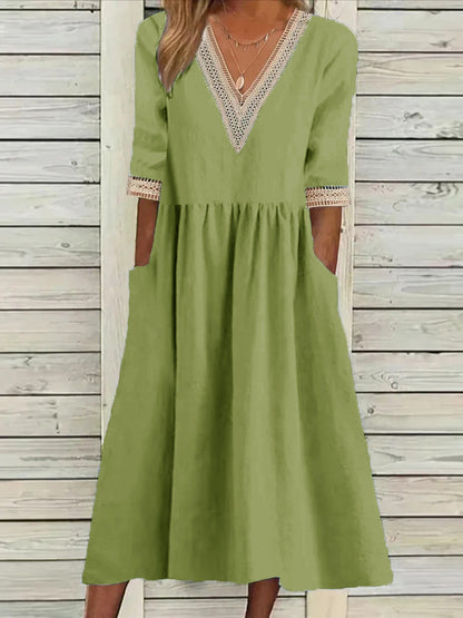 🌈✨【Ljetni popust na nove proizvode🔥】【S-2XL】Ljetna modna haljina od pamuka i lana s čipkastim ovratnikom 