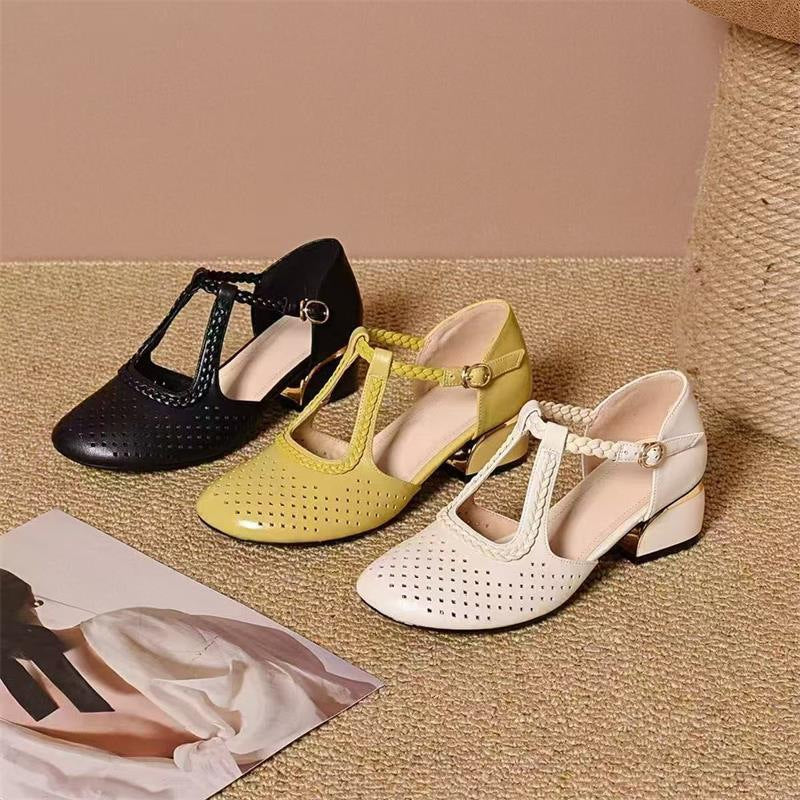 🔥【Ofertă specială de vară】🔥【35-40】✨ Sandale de vară cu toc gros, din piele moale, cu scobituri, respirabile, stil nou 