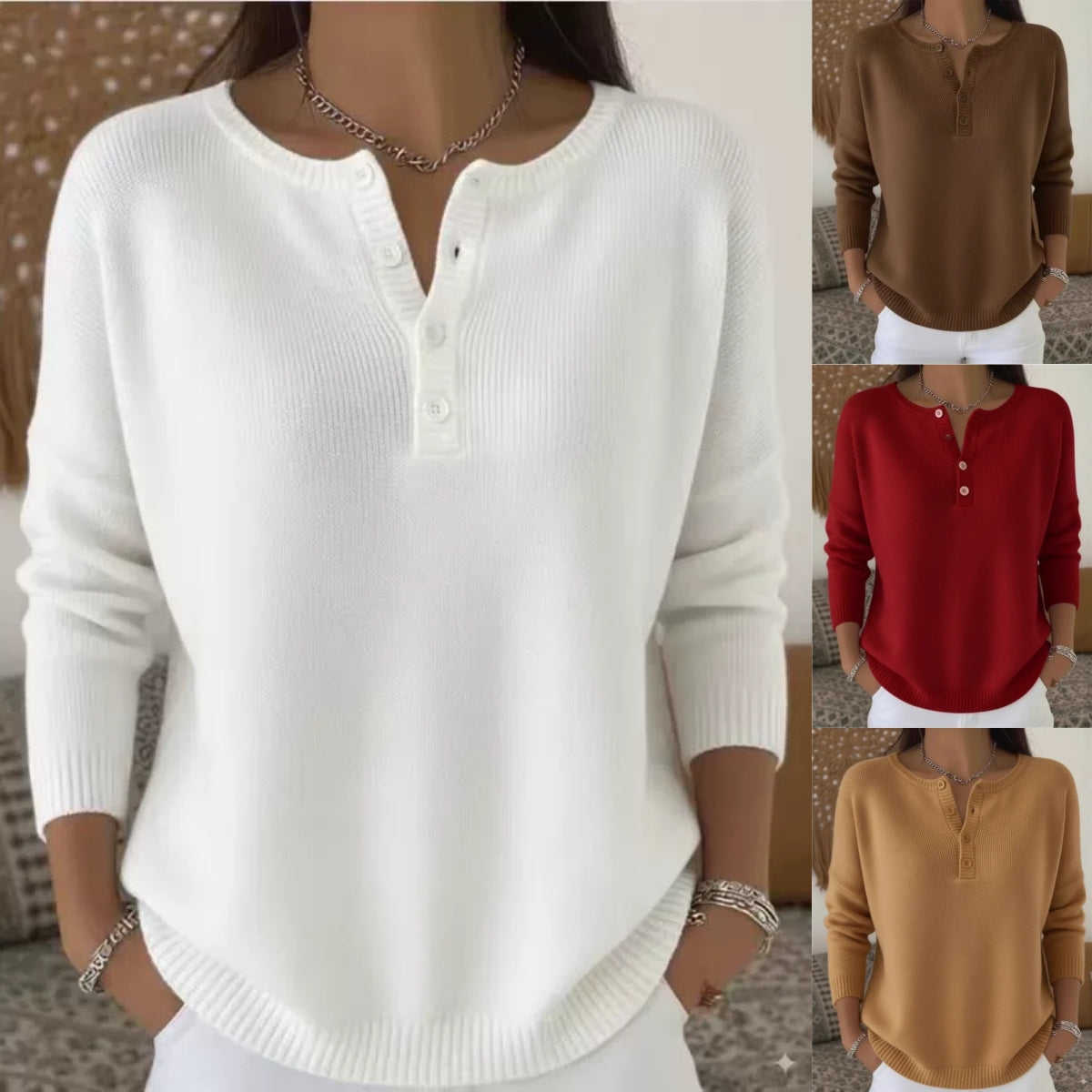 🌷💃【Nowość, gorąca sprzedaż】【S-2XL】Damski sweter w jednolitym kolorze z dekoltem w serek, luźny i swobodny styl