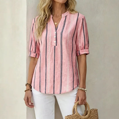 【50% de descuento】Camisa de verano de manga corta de algodón y lino a rayas, tejido transpirable.