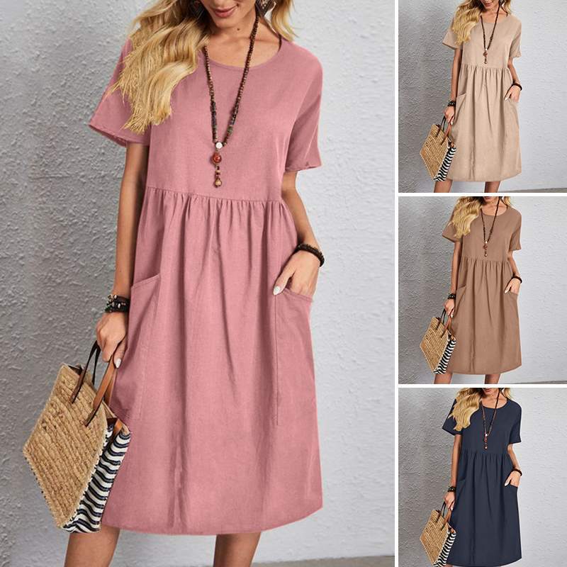 🔥💕【Oferte speciale de vară✨】【S-5XL】Rochie de vară nouă 2025, din bumbac și in de culoare pură, confortabilă și respirabilă
