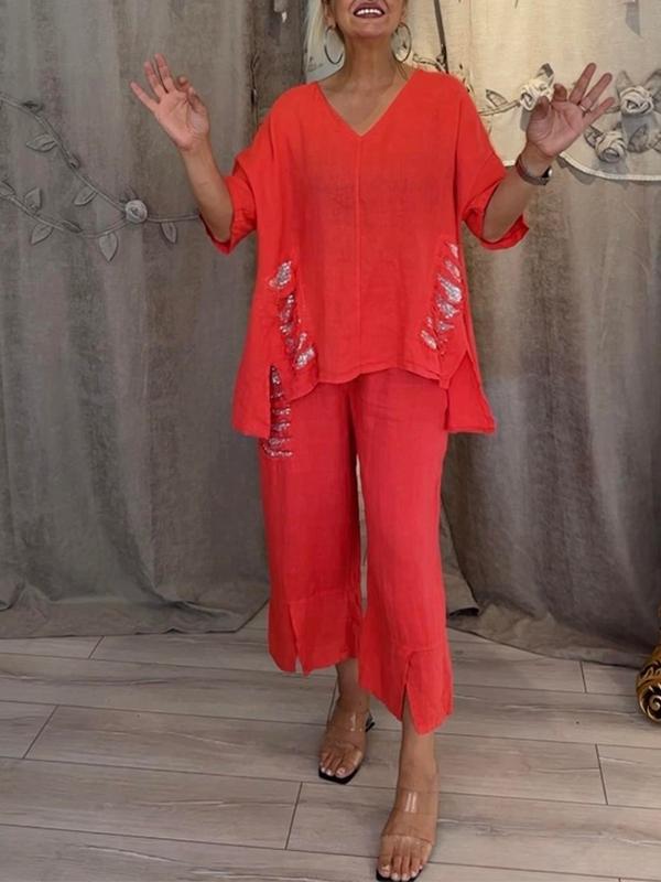 ✨💖【50% reducere】【S-5XL】Costum casual pentru femei, din două piese, din bumbac și în, cu decolteu în V, 2025 
