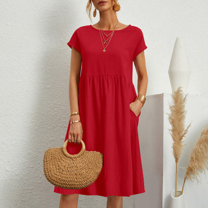 ✨🌼【S-5XL】Vestido de algodón y lino para mujer, sencillo, holgado y casual, de moda de verano