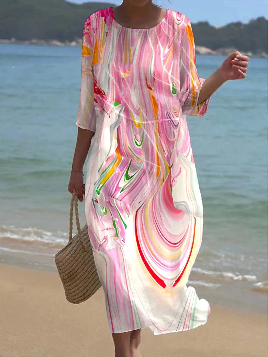 💞💖【S-5XL】Rochie lungă și lejeră, la modă, vara 2025——Decolteu rotund, imprimeu, stil la modă și casual! 💖✨ 