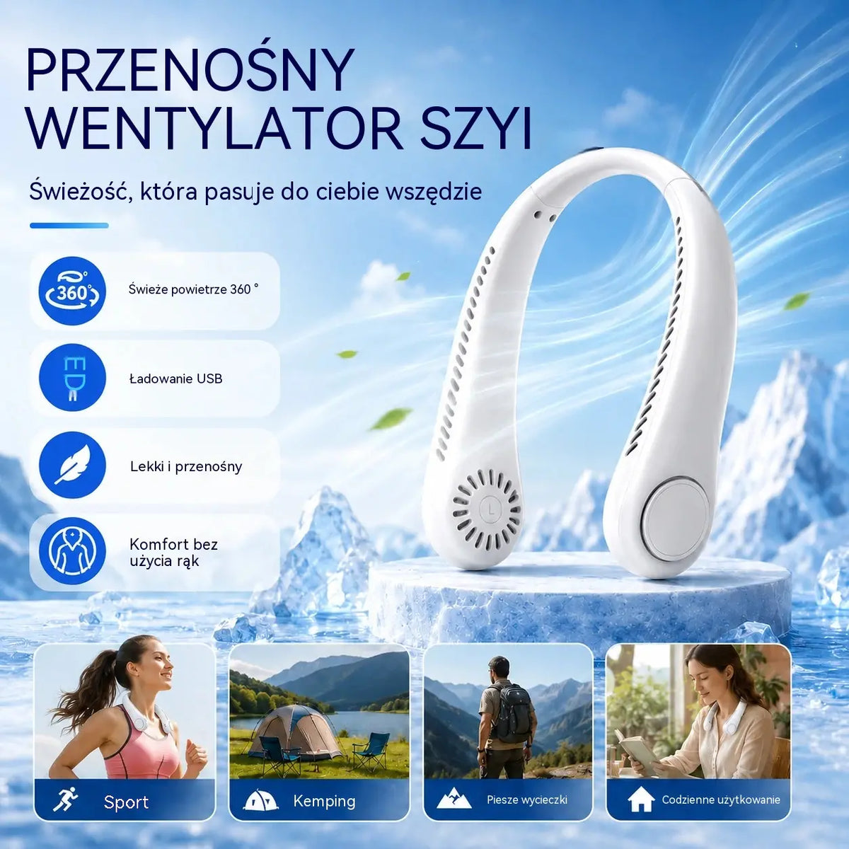 💨 Nawiewowy wentylator na szyję – ultra-cichy, przenośny i z obrotem o 360° – idealny na lato 🌞