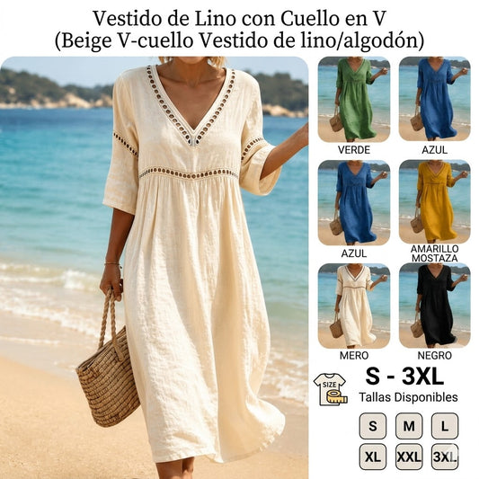 ✨🌈【S-3XL】🎀Vestido de mujer de algodón y lino con cuello en V, transpirable y suave, cómodo de llevar.