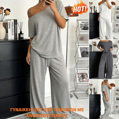 🔥✨【S-5XL】Елегантен летен комплект от тениска с къс ръкав и открити рамене + широки панталони с връзки😍 Семпли и ежедневни