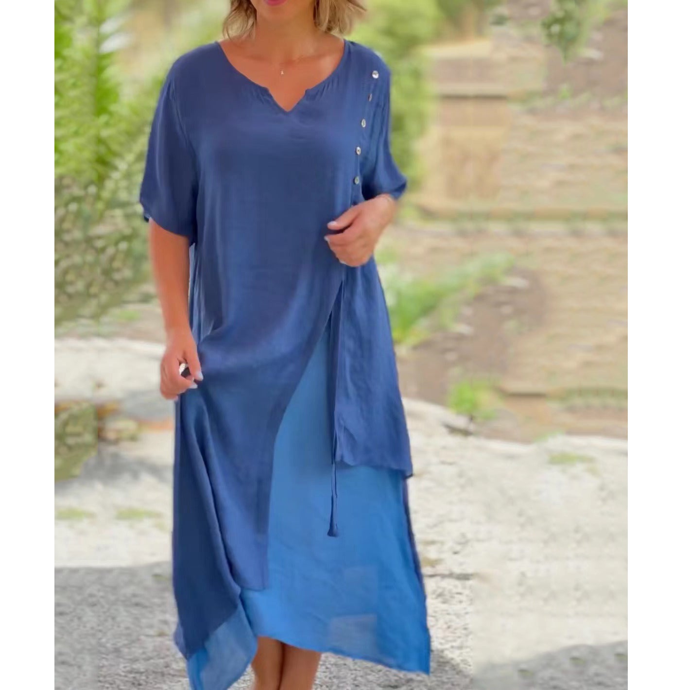 🔥🎉【S-4XL】Rochie de vară 2025, cu fustă neregulată și decolteu în V, model fals din două piese 