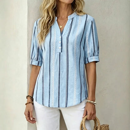 【50% de descuento】Camisa de verano de manga corta de algodón y lino a rayas, tejido transpirable.