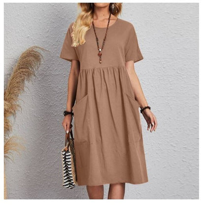 🔥💕【Oferte speciale de vară✨】【S-5XL】Rochie de vară nouă 2025, din bumbac și în de culoare pură, confortabilă și respirabilă 