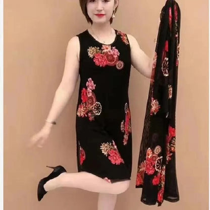 🔥🎉【Stil nou de vară】Rochie nouă din două piese pentru doamne de vârstă mijlocie și în vârstă, cu imprimeuri la modă