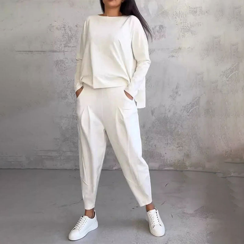 💖[Top + Kalhoty] Módní dvoudílná souprava, jednobarevné ležérní a trendy dámské oblečení, příjemná látka z čisté bavlny