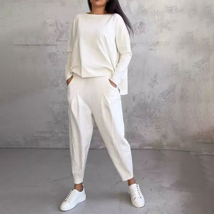💖[Top + Kalhoty] Módní dvoudílná souprava, jednobarevné ležérní a trendy dámské oblečení, příjemná látka z čisté bavlny