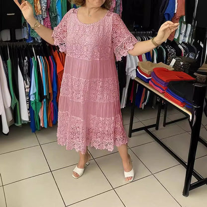 🌺👗【Ljetno rasprodaja🔥】【S-5XL】Nova haljina široke čipke s kratkim rukavima i okruglim izrezom, velike veličine