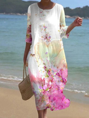 💞💖【S-5XL】Rochie lungă și lejeră, la modă, vara 2025——Decolteu rotund, imprimeu, stil la modă și casual! 💖✨ 