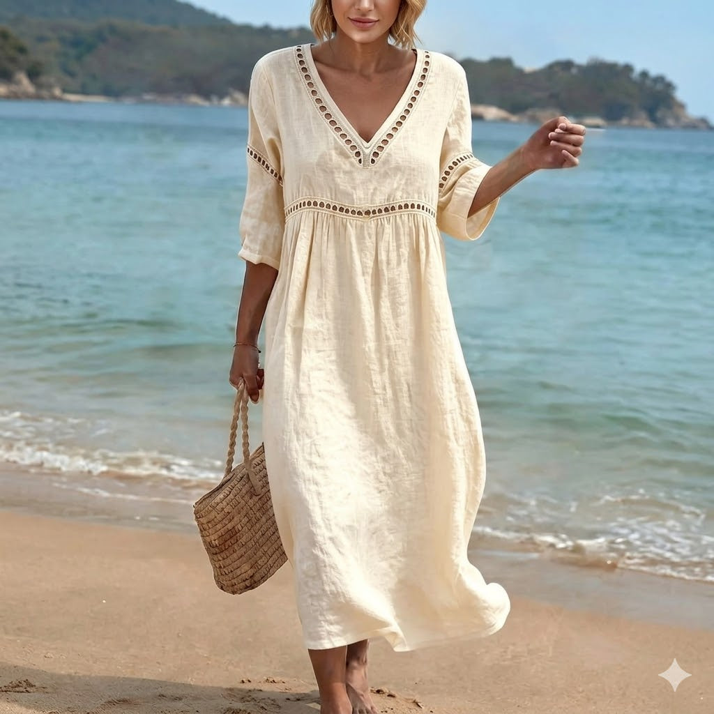✨🌈【S-3XL】🎀Vestido de mujer de algodón y lino con cuello en V, transpirable y suave, cómodo de llevar.