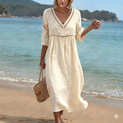 ✨🌈【S-3XL】🎀Vestido de mujer de algodón y lino con cuello en V, transpirable y suave, cómodo de llevar.