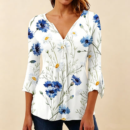 💕✨【S–5XL】Удобно ежедневно дамско облекло: Риза с V-образно деколте и флорален мотив