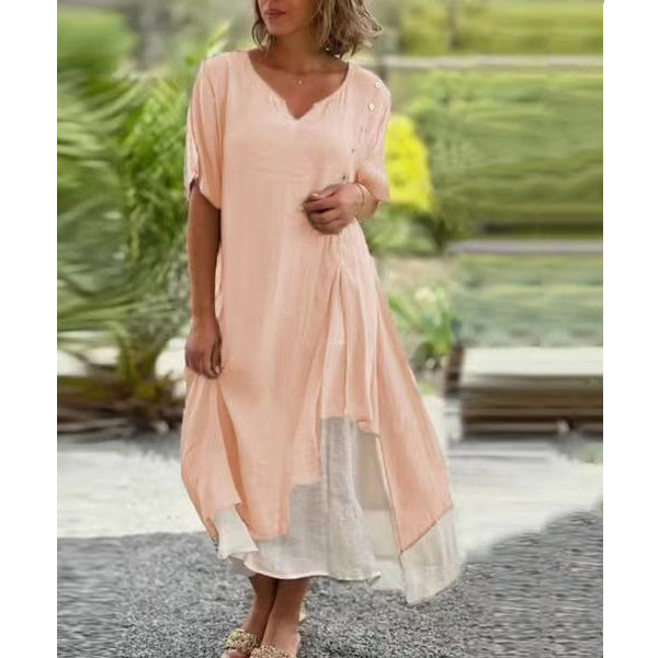🔥🎉【S-4XL】Rochie de vară 2025, cu fustă neregulată și decolteu în V, model fals din două piese 
