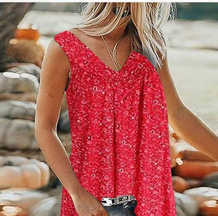🎀【50% reducere🔥】【S–5XL】✨Bluză de vară elegantă, casual, cu imprimeu, decolteu în V, fără mâneci, pentru femei 
