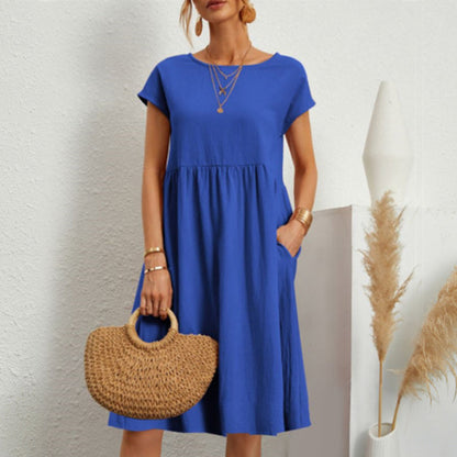 ✨🌼【S-5XL】Vestido de algodón y lino para mujer, sencillo, holgado y casual, de moda de verano