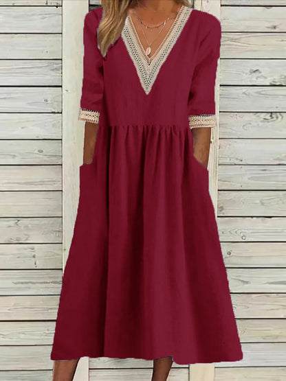 🌈✨【Ljetni popust na nove proizvode🔥】【S-2XL】Ljetna modna haljina od pamuka i lana s čipkastim ovratnikom 