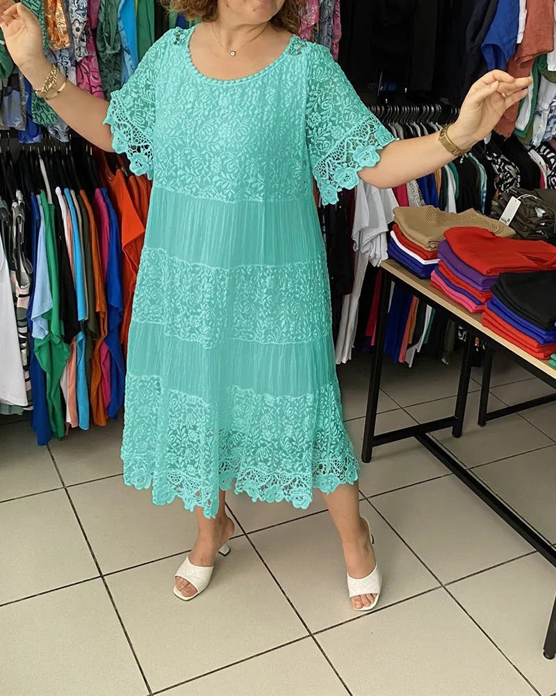 🌺👗【Ljetno rasprodaja🔥】【S-5XL】Nova haljina široke čipke s kratkim rukavima i okruglim izrezom, velike veličine