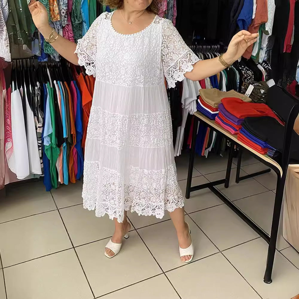 🌺👗【Ljetno rasprodaja🔥】【S-5XL】Nova haljina široke čipke s kratkim rukavima i okruglim izrezom, velike veličine