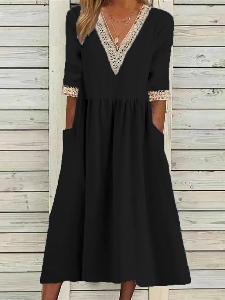 🌈✨【Ljetni popust na nove proizvode🔥】【S-2XL】Ljetna modna haljina od pamuka i lana s čipkastim ovratnikom 
