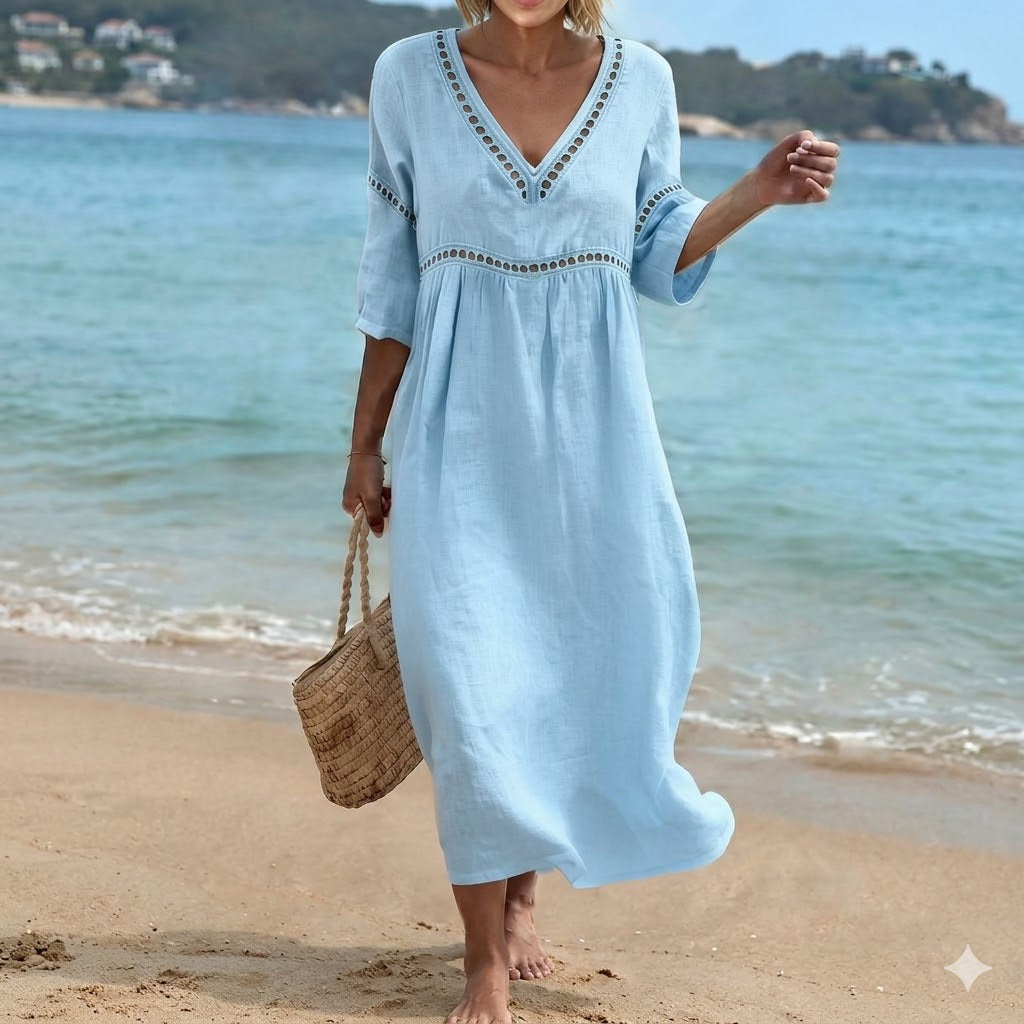 ✨🌈【S-3XL】🎀Vestido de mujer de algodón y lino con cuello en V, transpirable y suave, cómodo de llevar.