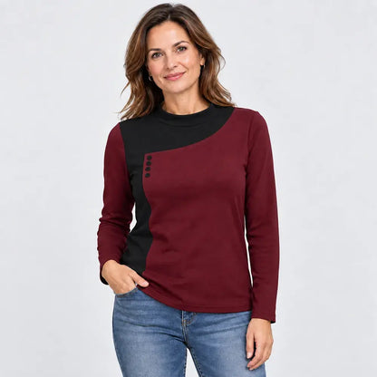 【M – 3XL / 4 farieb】Blúzka v štýle color-block so stojačikom a ozdobnými gombíkmi (ľahký hrejivý flís)