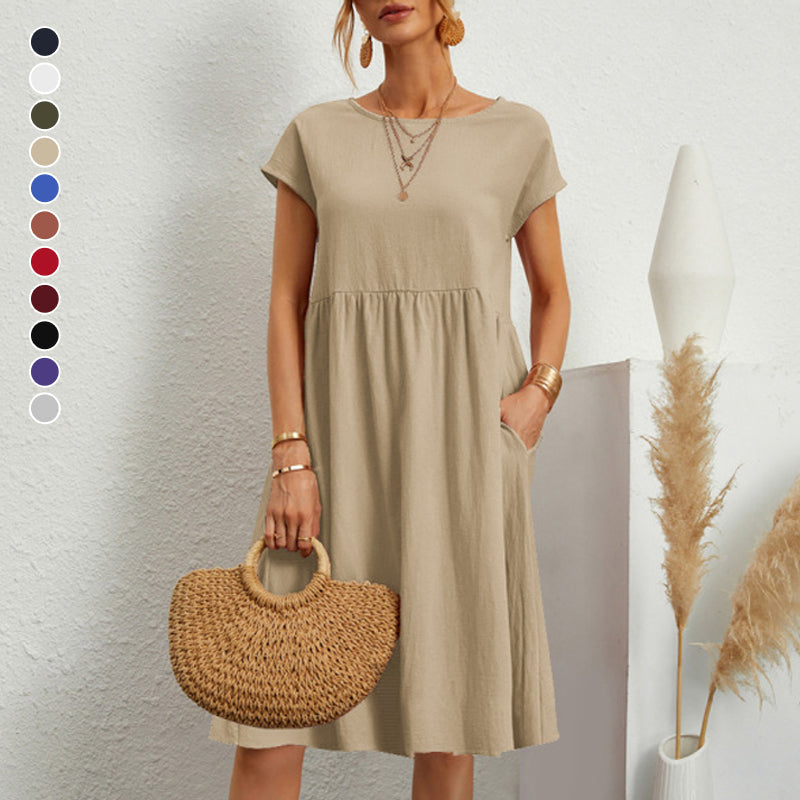 ✨🌼【S-5XL】Vestido de algodón y lino para mujer, sencillo, holgado y casual, de moda de verano