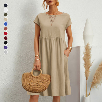 ✨🌼【S-5XL】Vestido de algodón y lino para mujer, sencillo, holgado y casual, de moda de verano