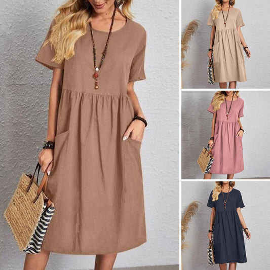 🔥💕【Oferte speciale de vară✨】【S-5XL】Rochie de vară nouă 2025, din bumbac și în de culoare pură, confortabilă și respirabilă 