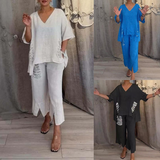 ✨💖【50% reducere】【S-5XL】Costum casual pentru femei, din două piese, din bumbac și în, cu decolteu în V, 2025 