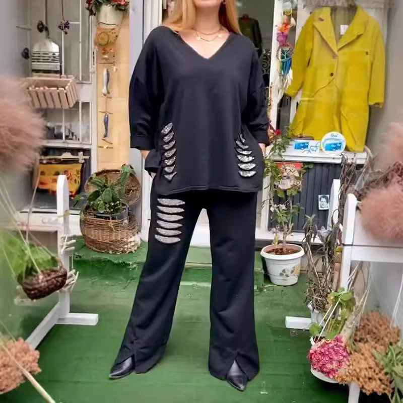 ✨💖【50% reducere】【S-5XL】Costum casual pentru femei, din două piese, din bumbac și în, cu decolteu în V, 2025 