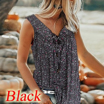 🎀【50% reducere🔥】【S–5XL】✨Bluză de vară elegantă, casual, cu imprimeu, decolteu în V, fără mâneci, pentru femei 