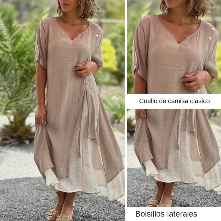 🔥🎉【S-4XL】Rochie de vară 2025, cu fustă neregulată și decolteu în V, model fals din două piese 
