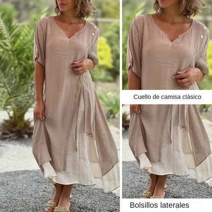 🔥🎉【S-4XL】Rochie de vară 2025, cu fustă neregulată și decolteu în V, model fals din două piese 