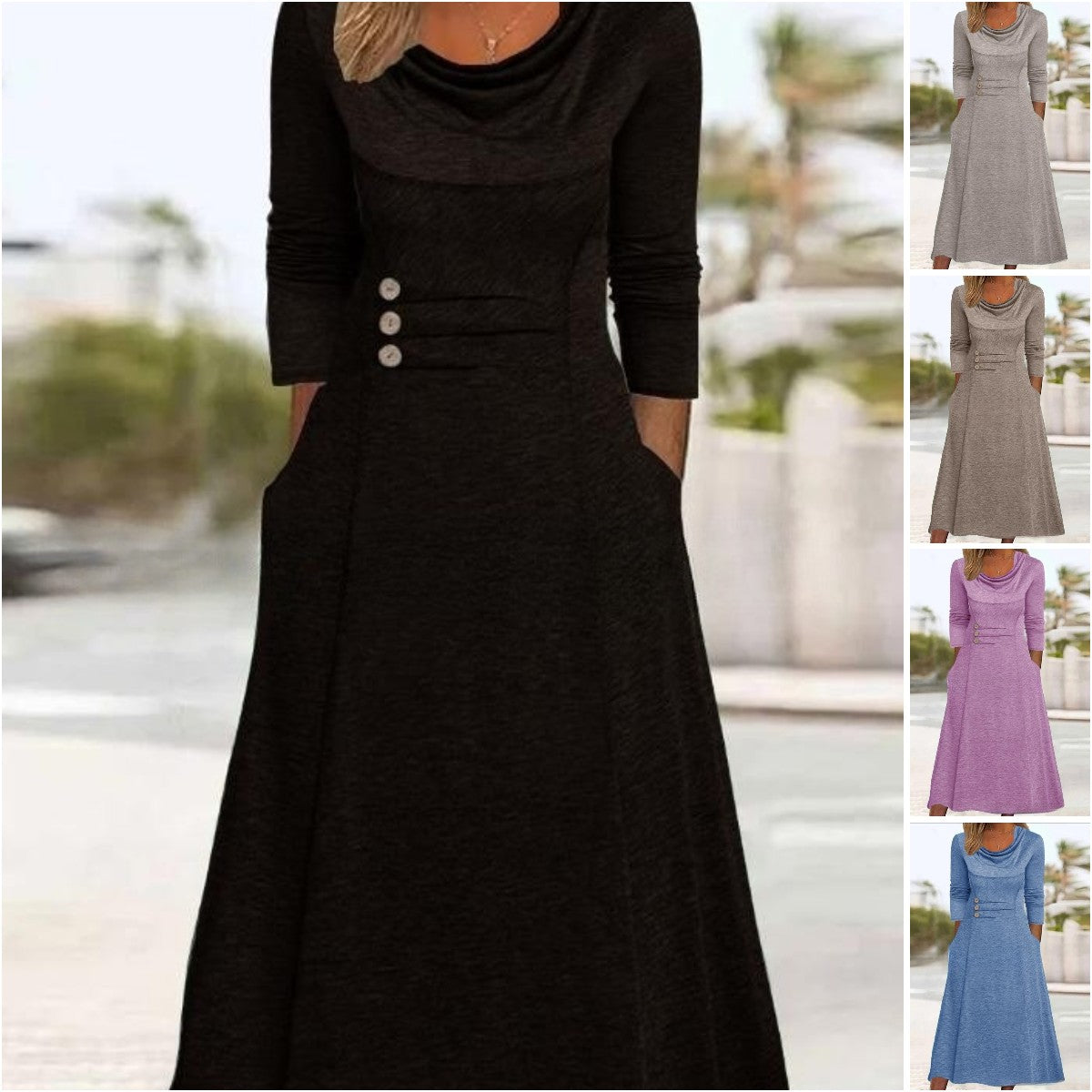 🍁【Noutăți de toamnă🔥】【S-3XL】👗 Rochie elegantă de culoare uni, cu buzunare și decolteu rotund