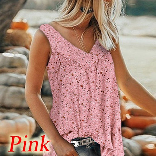 🎀【50% reducere🔥】【S–5XL】✨Bluză de vară elegantă, casual, cu imprimeu, decolteu în V, fără mâneci, pentru femei