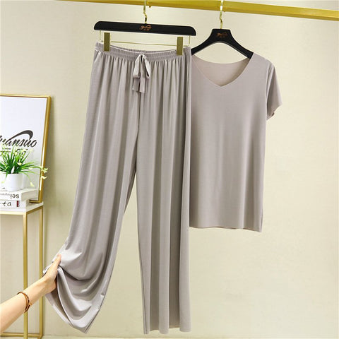 🌈🔥【Especial de verano】Conjunto de dos piezas para estar en casa: camiseta + pantalón de pierna ancha❤️Algodón de seda de alta calidad y cómodo