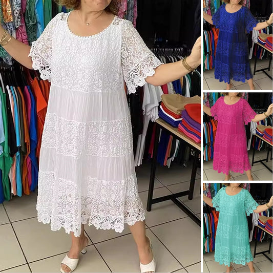 🌺👗【Ljetno rasprodaja🔥】【S-5XL】Nova haljina široke čipke s kratkim rukavima i okruglim izrezom, velike veličine