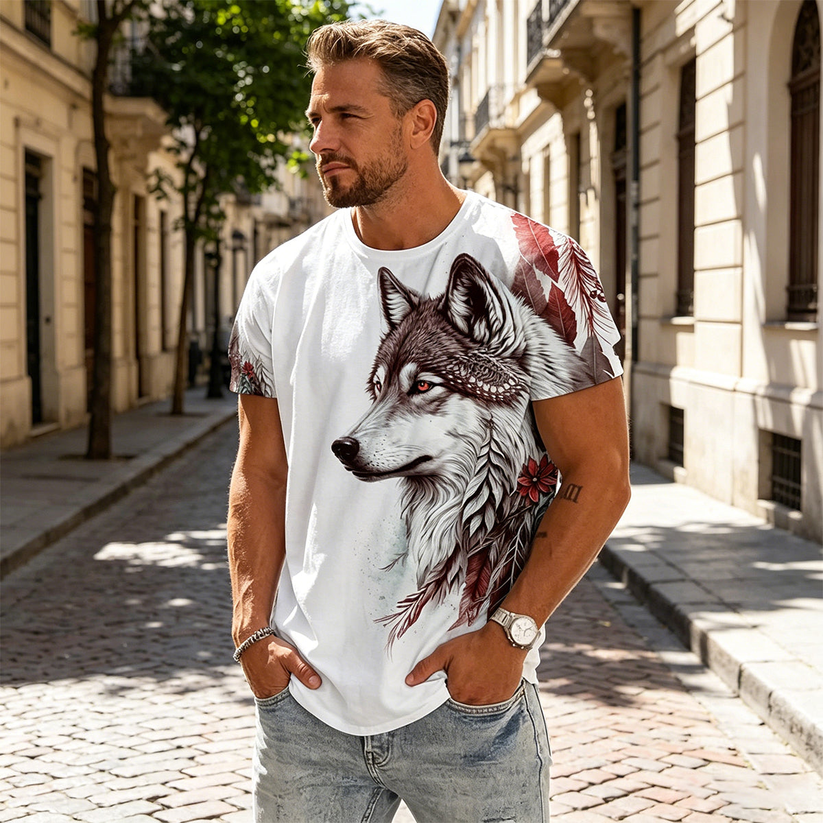 💥👕【2XS-6XL】🌹🏆Nuevo producto de verano 2026: camiseta de manga corta para hombre con estampado de lobo - Algodón agradable para la piel, suave y transpirable