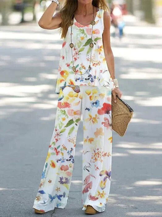 🔥✨【S-3XL】🌸【Topy + Spodnie】2025 Lato Nowy Moda Swobodny Bez Rękawów Drukowany Damski Garnitur