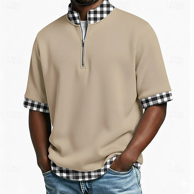 🔥😎【S-3XL】Polo de manga corta para hombre, algodón puro — Cuello con media cremallera, diseño de capas✨