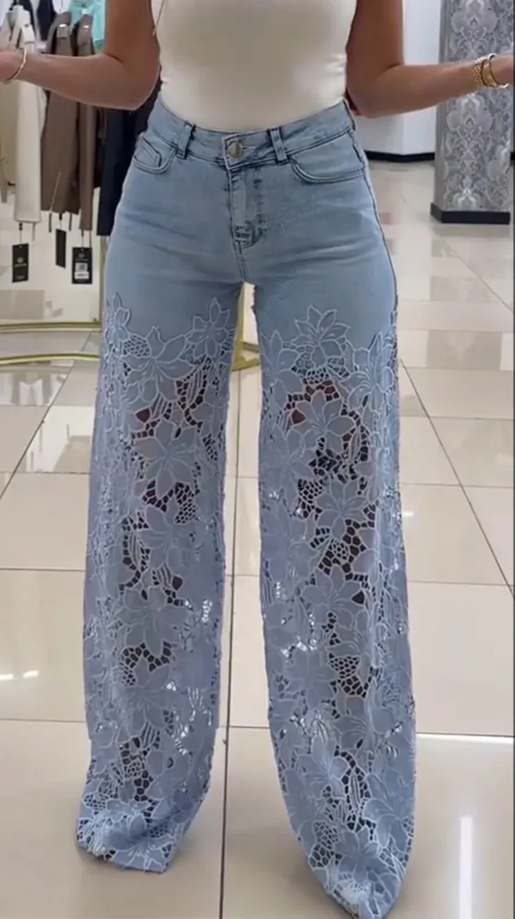 🔥Cantitate limitată🔥【S-3XL】✨🌈Vara 2025, blugi de damă cu cusături din dantelă, la modă, casual, respirabili 